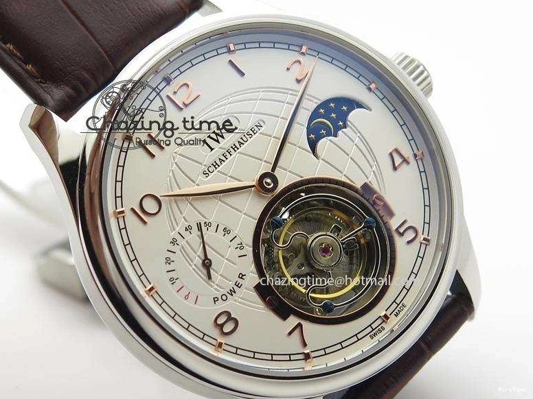 MIROTIME 0213 Chic Portuguese Tourbillon Power Reserve Moonphase SS White Dial Gold Numbers On Black Leather Strap 7319